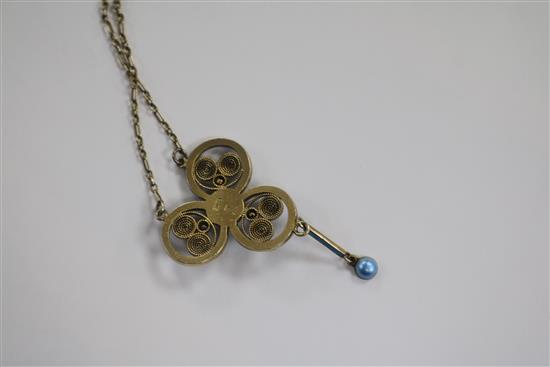 An early/mid 20th century Norwegian 930 white metal gilt and enamel drop pendant necklace, pendant 42mm.